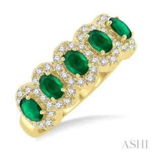 1/3 ctw Oval Cut 4x3 MM Precious Emerald and Round Cut Diamond Wedding Band in 14K Yellow Gold