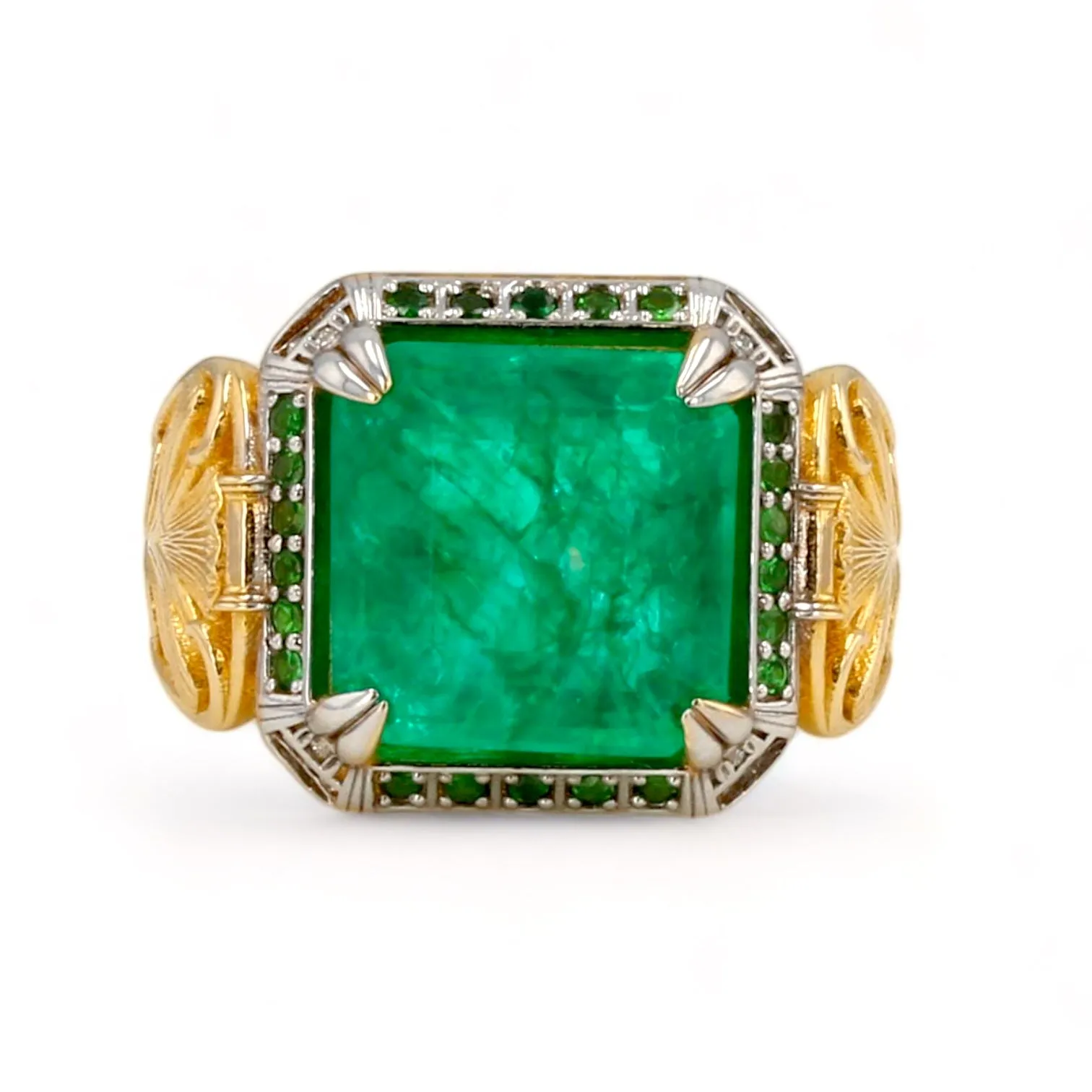 14K Yellow gold solid floral 13*13 emerald ring-3673