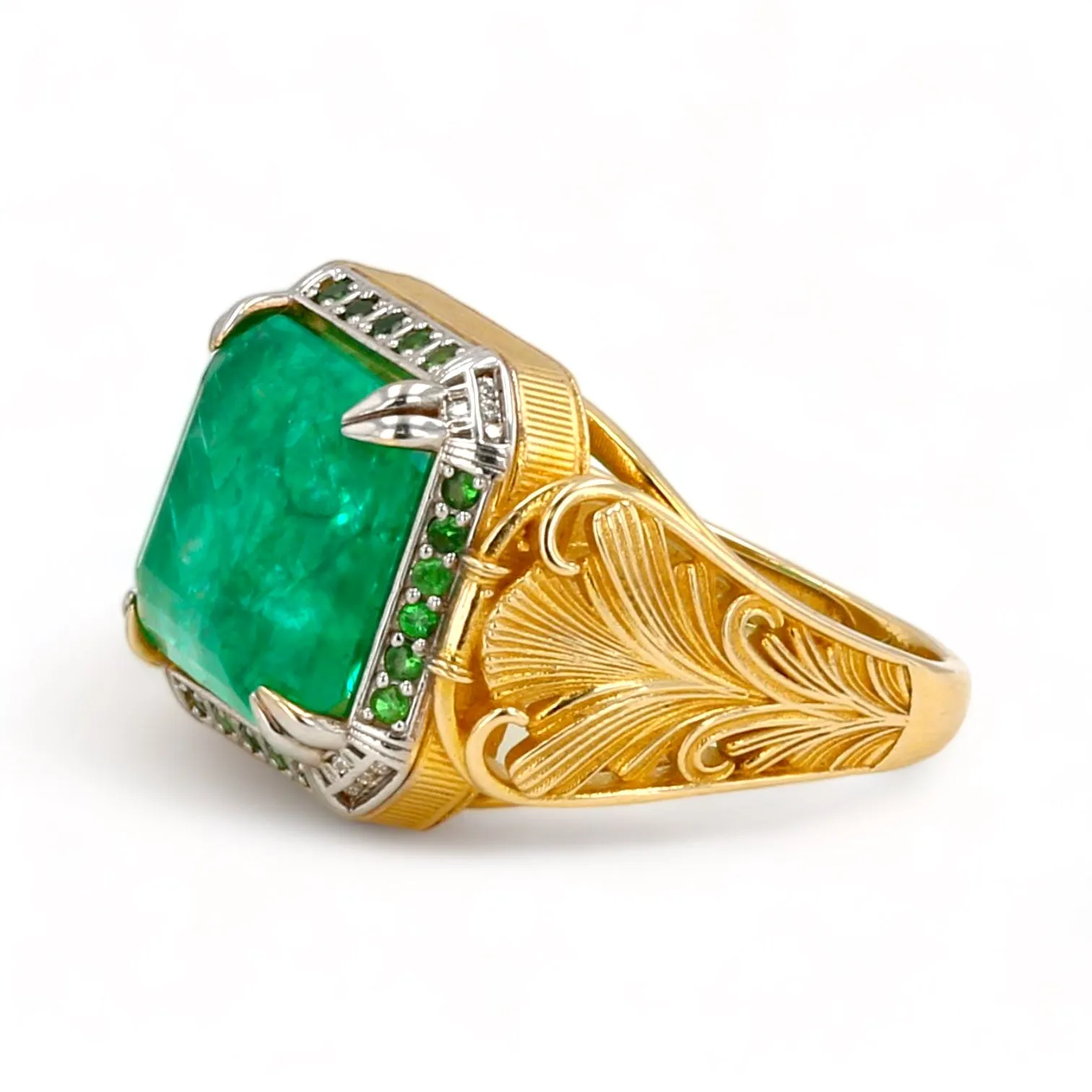 14K Yellow gold solid floral 13*13 emerald ring-3673