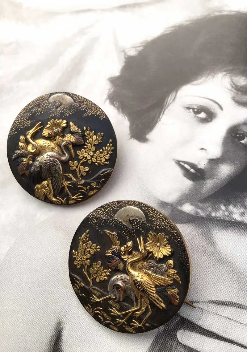 1800s Antique Japanese Shakudo Wedding Set of Button Studs, Brooches