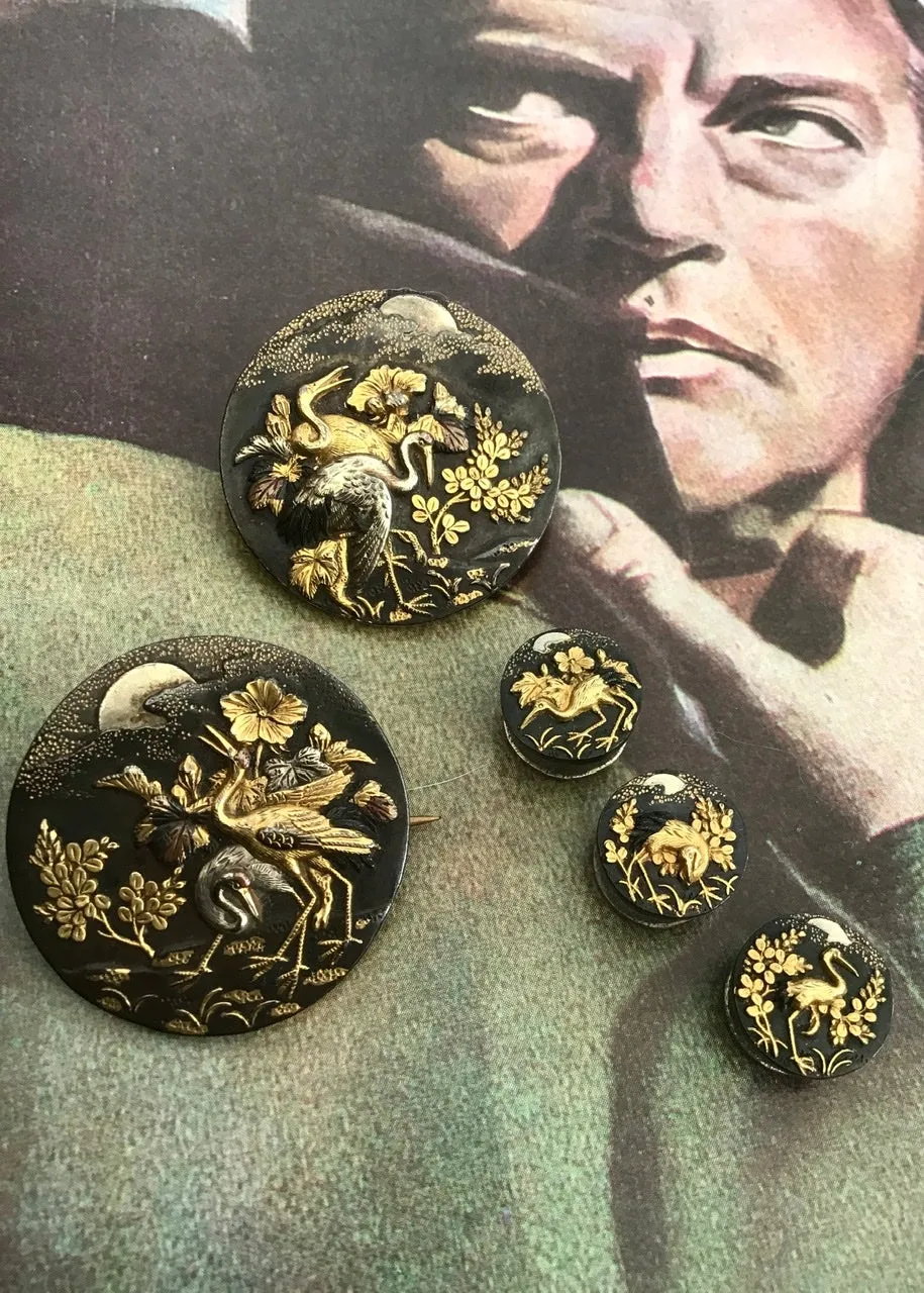 1800s Antique Japanese Shakudo Wedding Set of Button Studs, Brooches