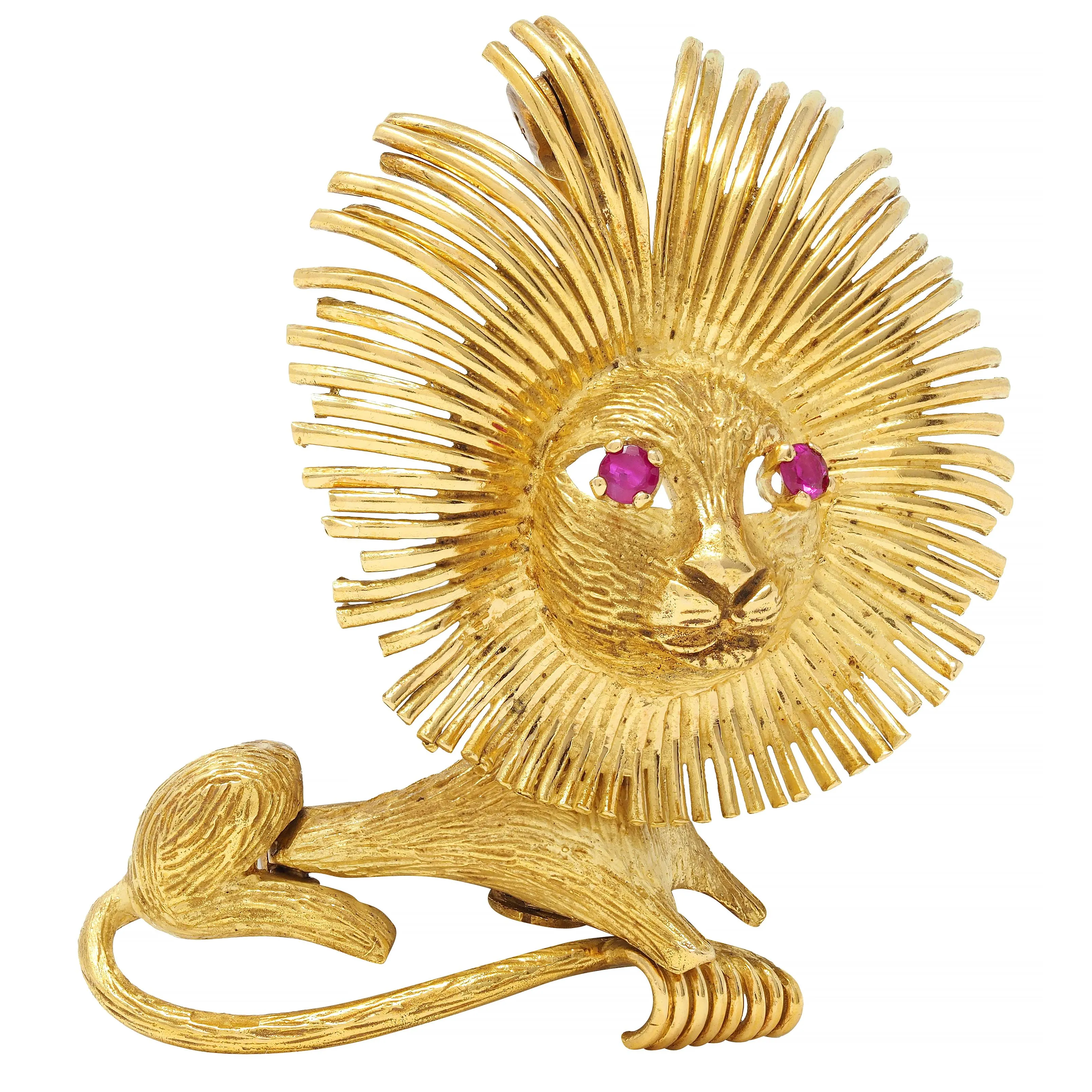 1960's French 18 Karat Yellow Gold Ruby Vintage Lion Brooch