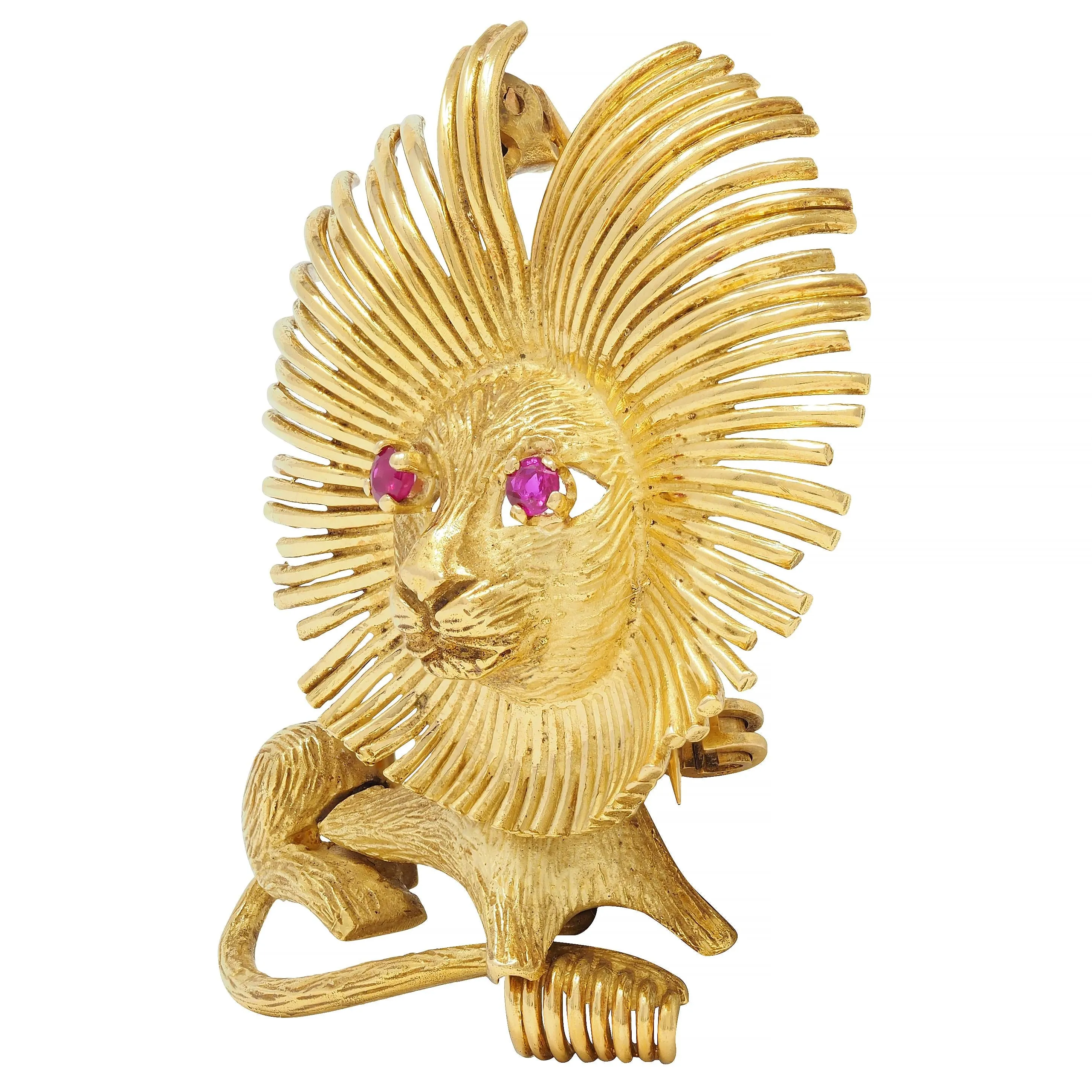 1960's French 18 Karat Yellow Gold Ruby Vintage Lion Brooch