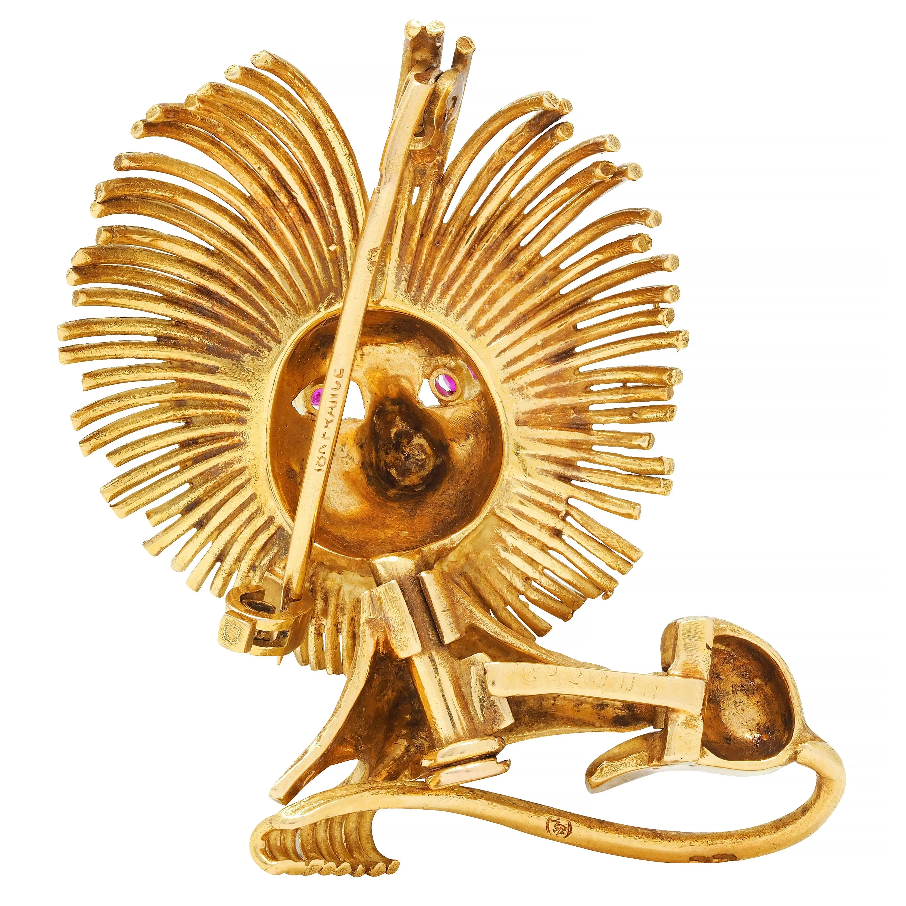 1960's French 18 Karat Yellow Gold Ruby Vintage Lion Brooch