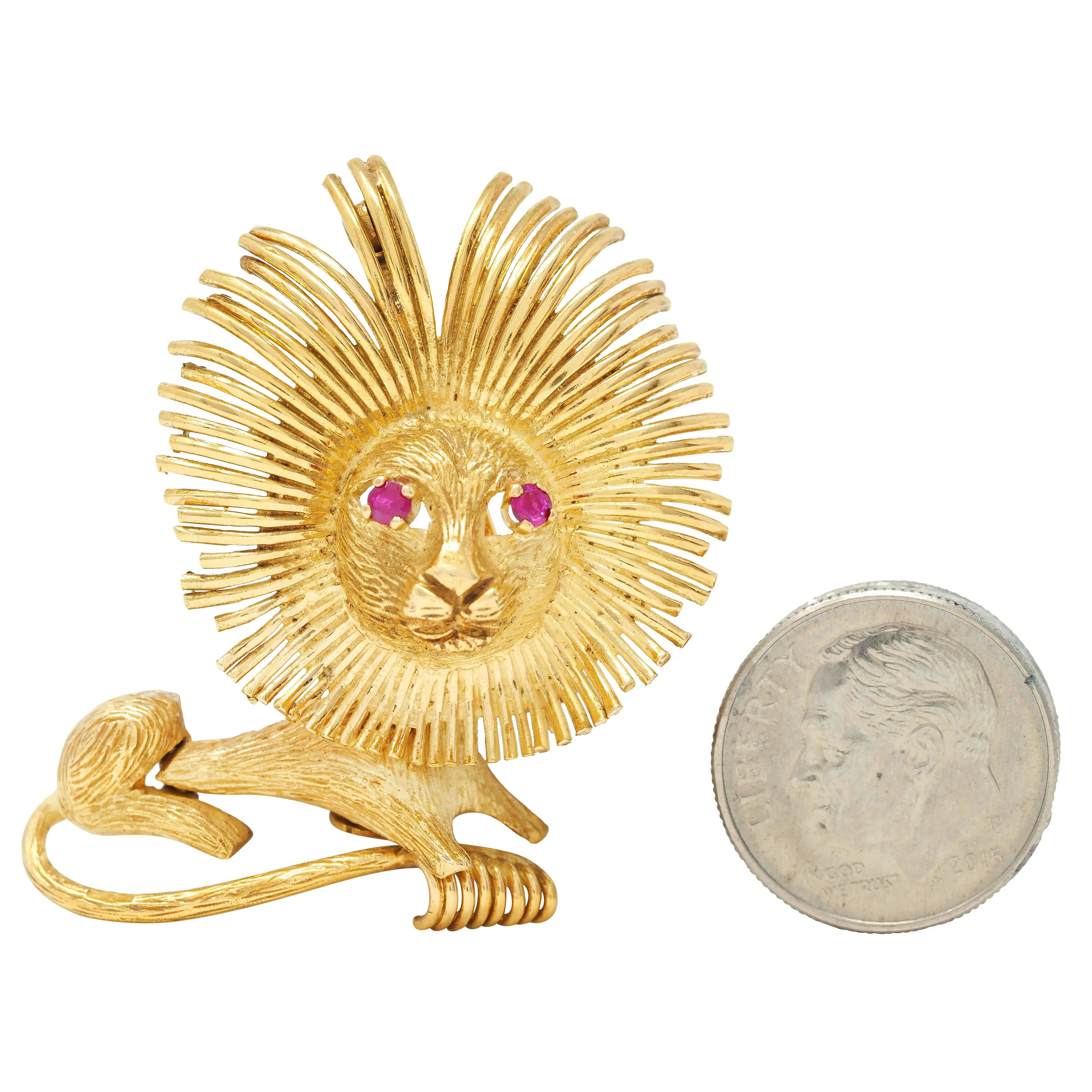 1960's French 18 Karat Yellow Gold Ruby Vintage Lion Brooch