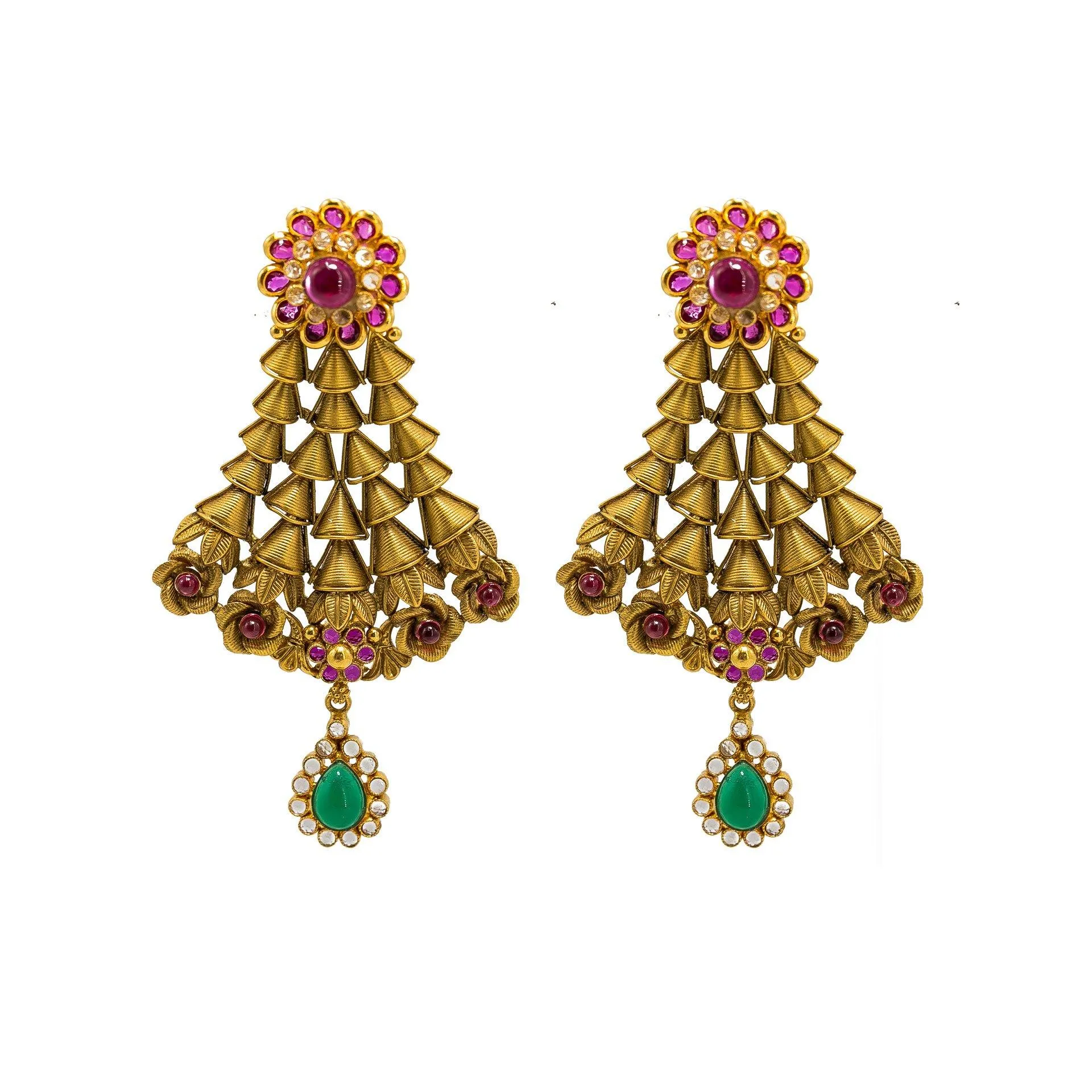 22K Yellow Gold Necklace & Earring Set W/ Ruby, Emerald, CZ Gems, Clustered Flowers & Gold Caps Design