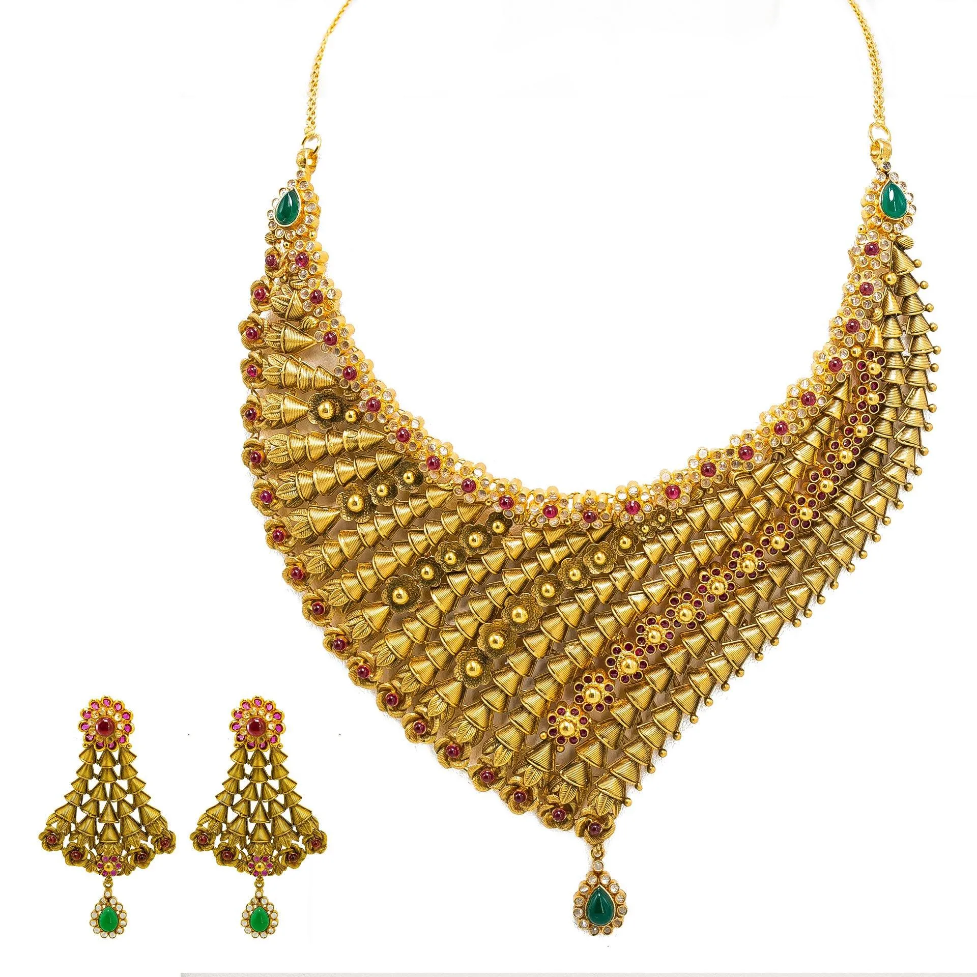 22K Yellow Gold Necklace & Earring Set W/ Ruby, Emerald, CZ Gems, Clustered Flowers & Gold Caps Design