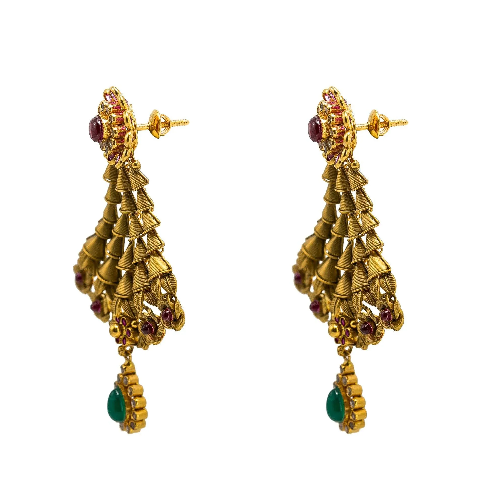 22K Yellow Gold Necklace & Earring Set W/ Ruby, Emerald, CZ Gems, Clustered Flowers & Gold Caps Design