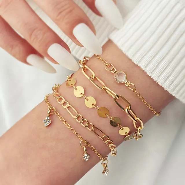 4Pcs Punk Heavy Metal Big Thick Chain Bracelet Set Women Retro Geometric Metal Twist Chain Bangles Bracelet Fashion Jewelry