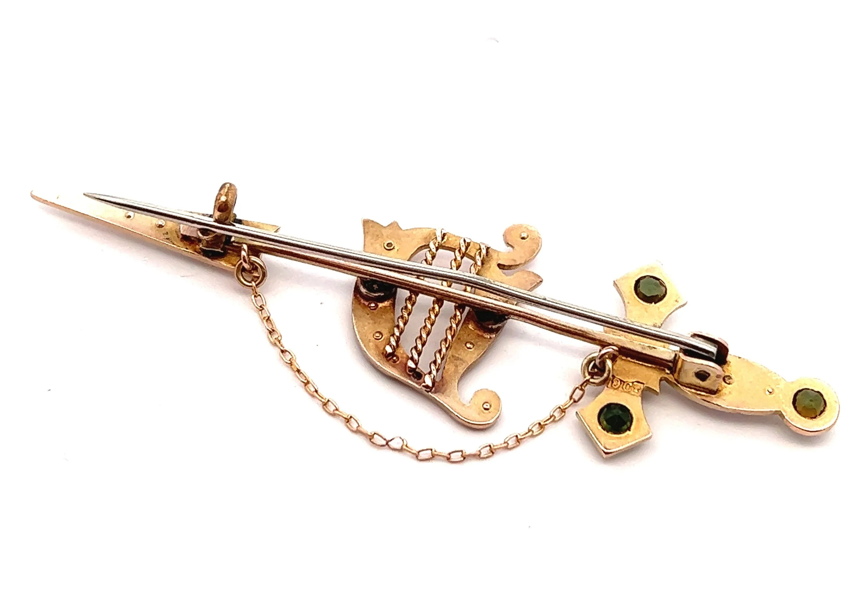 9ct Yellow Gold Green Garnet & Pearl Sword Vintage Brooch