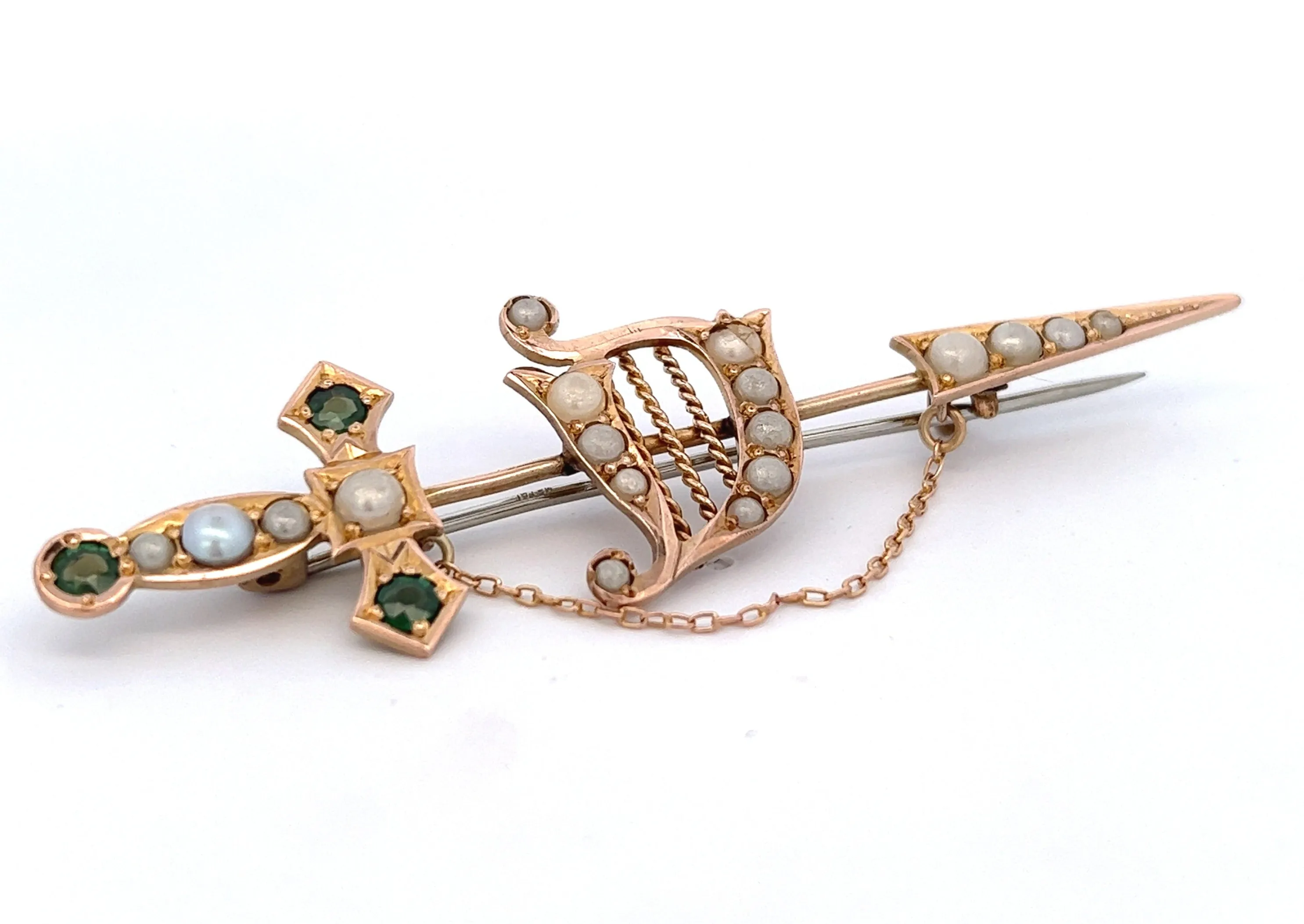 9ct Yellow Gold Green Garnet & Pearl Sword Vintage Brooch