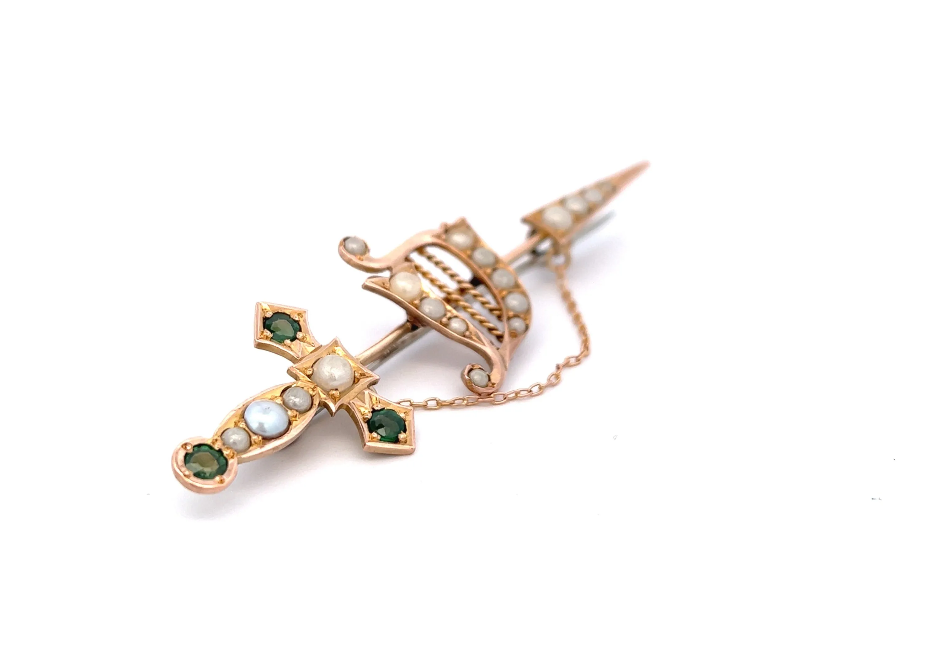 9ct Yellow Gold Green Garnet & Pearl Sword Vintage Brooch