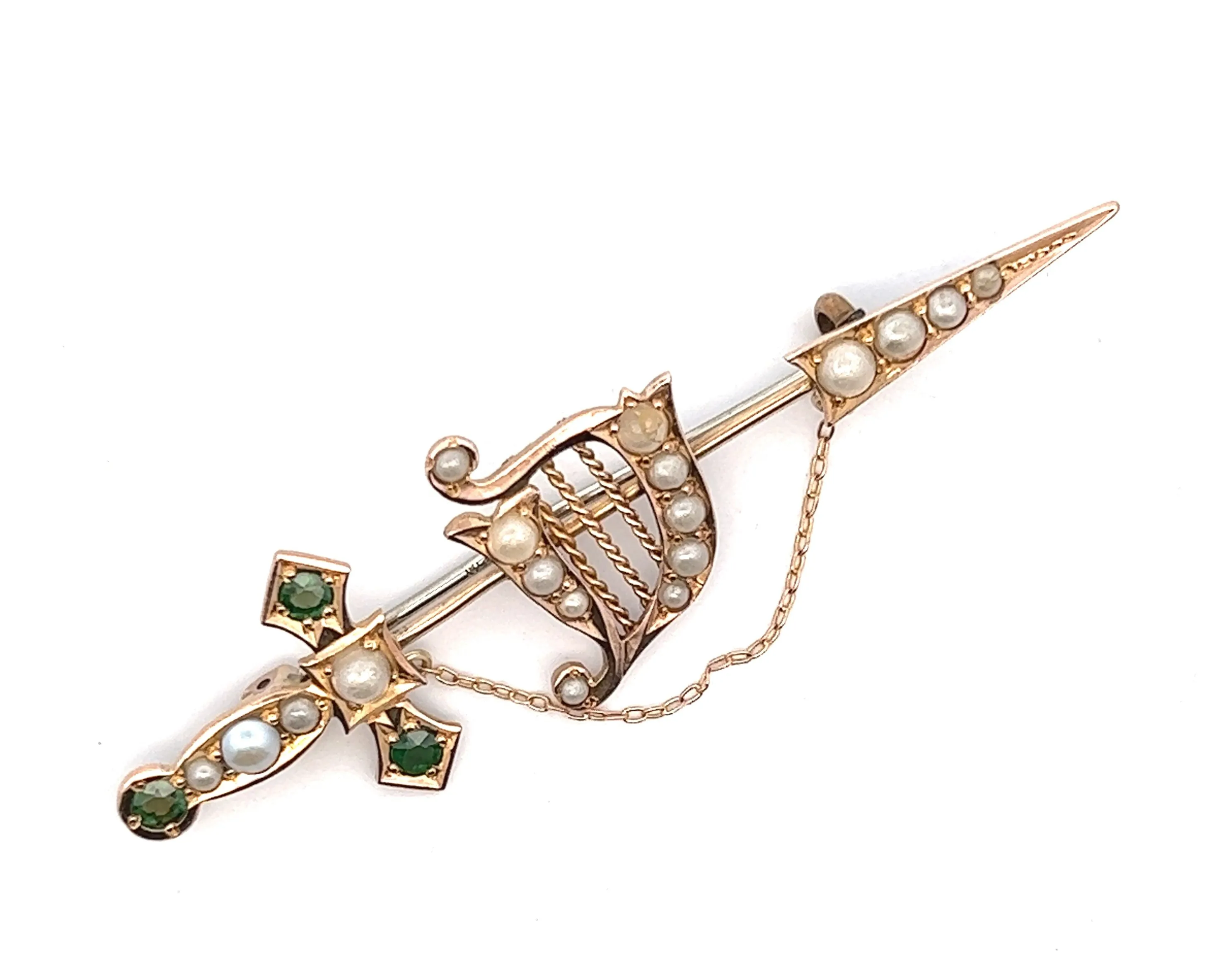 9ct Yellow Gold Green Garnet & Pearl Sword Vintage Brooch