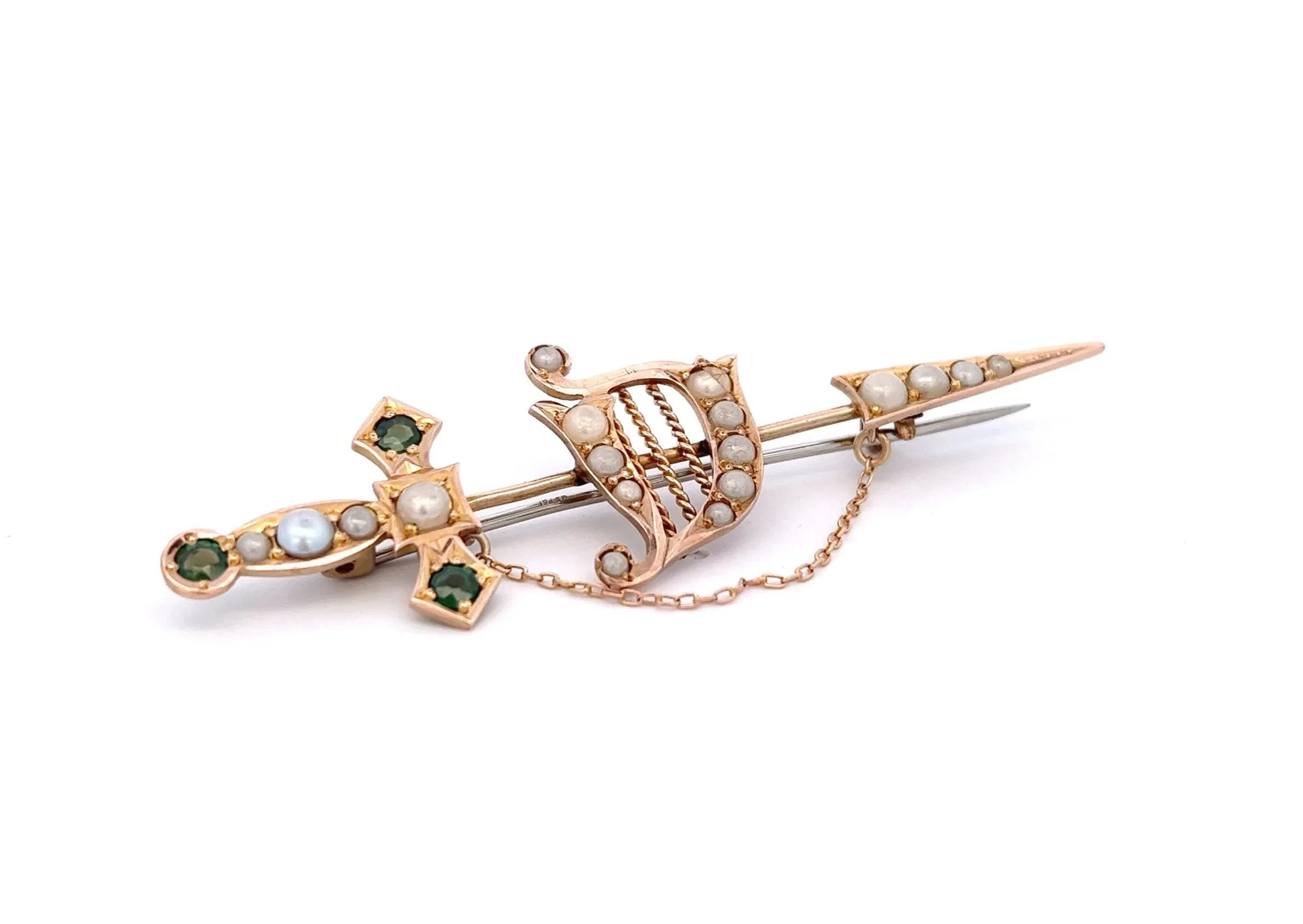 9ct Yellow Gold Green Garnet & Pearl Sword Vintage Brooch