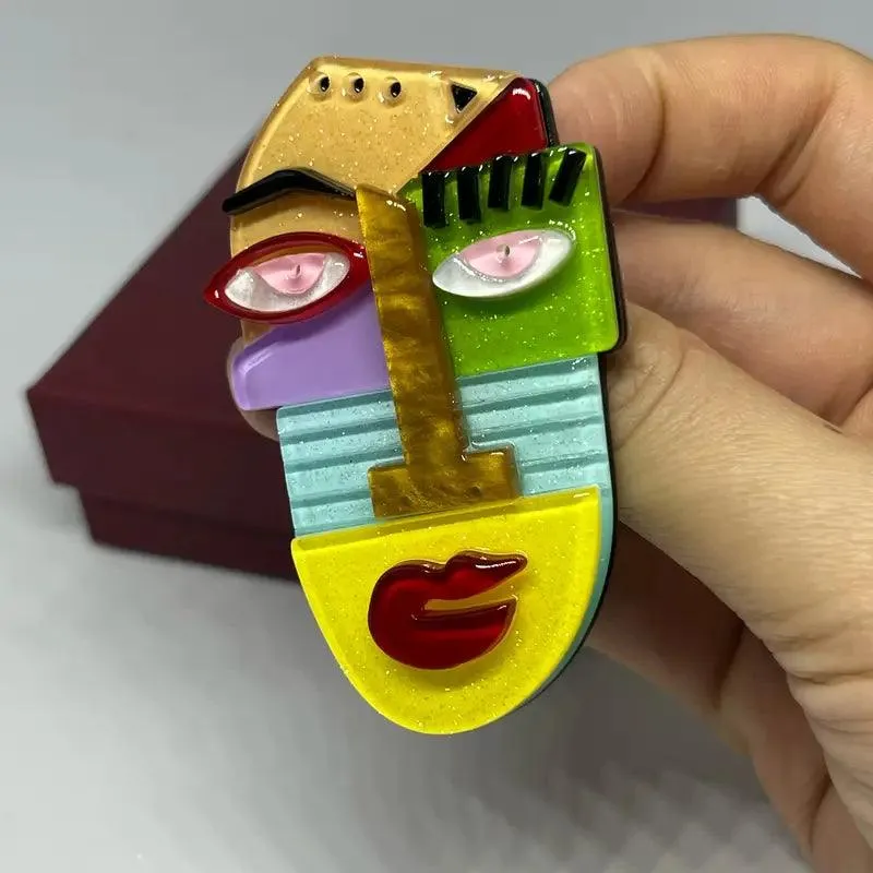 Abstract Face Cubism Portrait Handmade Acrylic Brooch