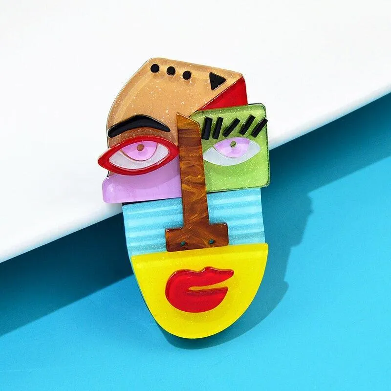 Abstract Face Cubism Portrait Handmade Acrylic Brooch