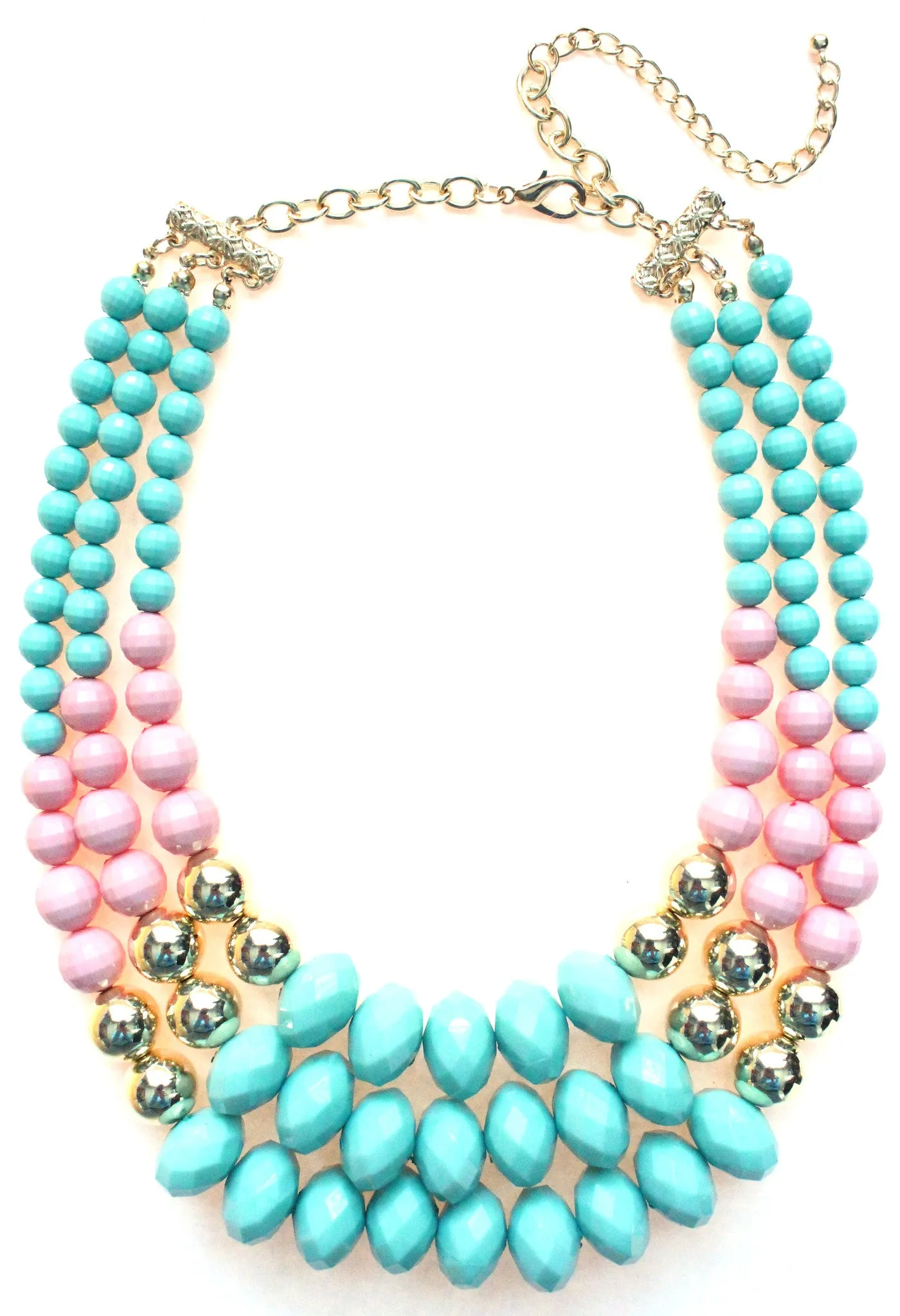 Beaded Layered Statement Necklace- Mint & Light Pink