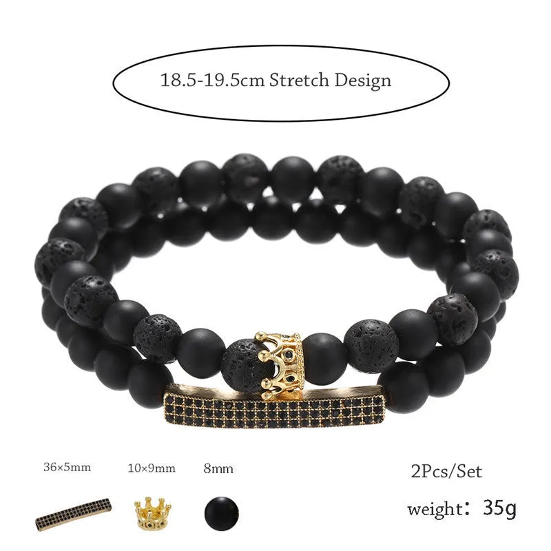 Black Frosted Lava Stone Mixed With Zircon Small Crown Long Strip Suit Bracelet Bracelet Set