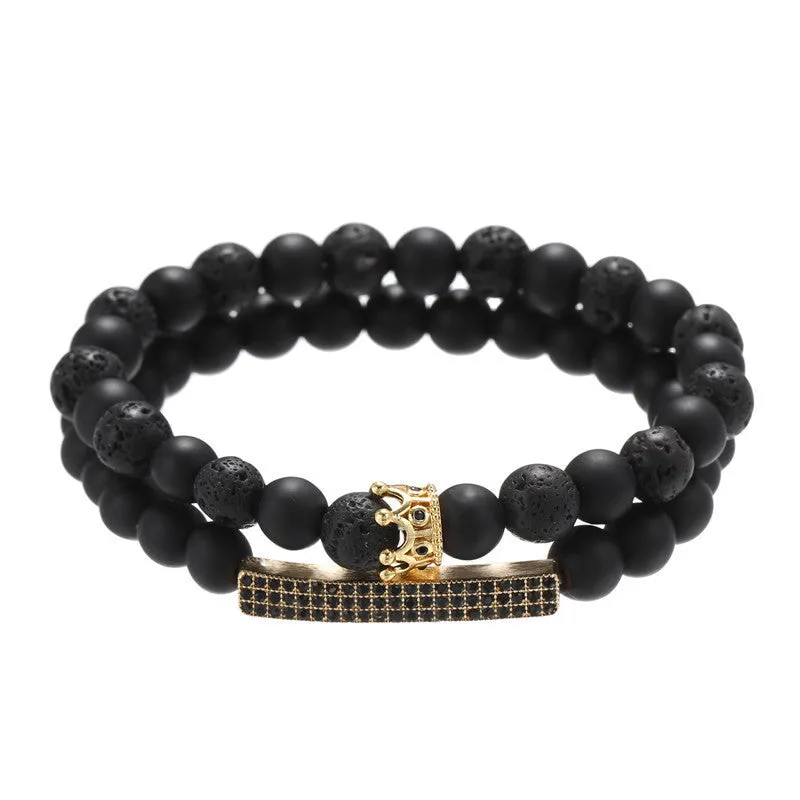 Black Frosted Lava Stone Mixed With Zircon Small Crown Long Strip Suit Bracelet Bracelet Set