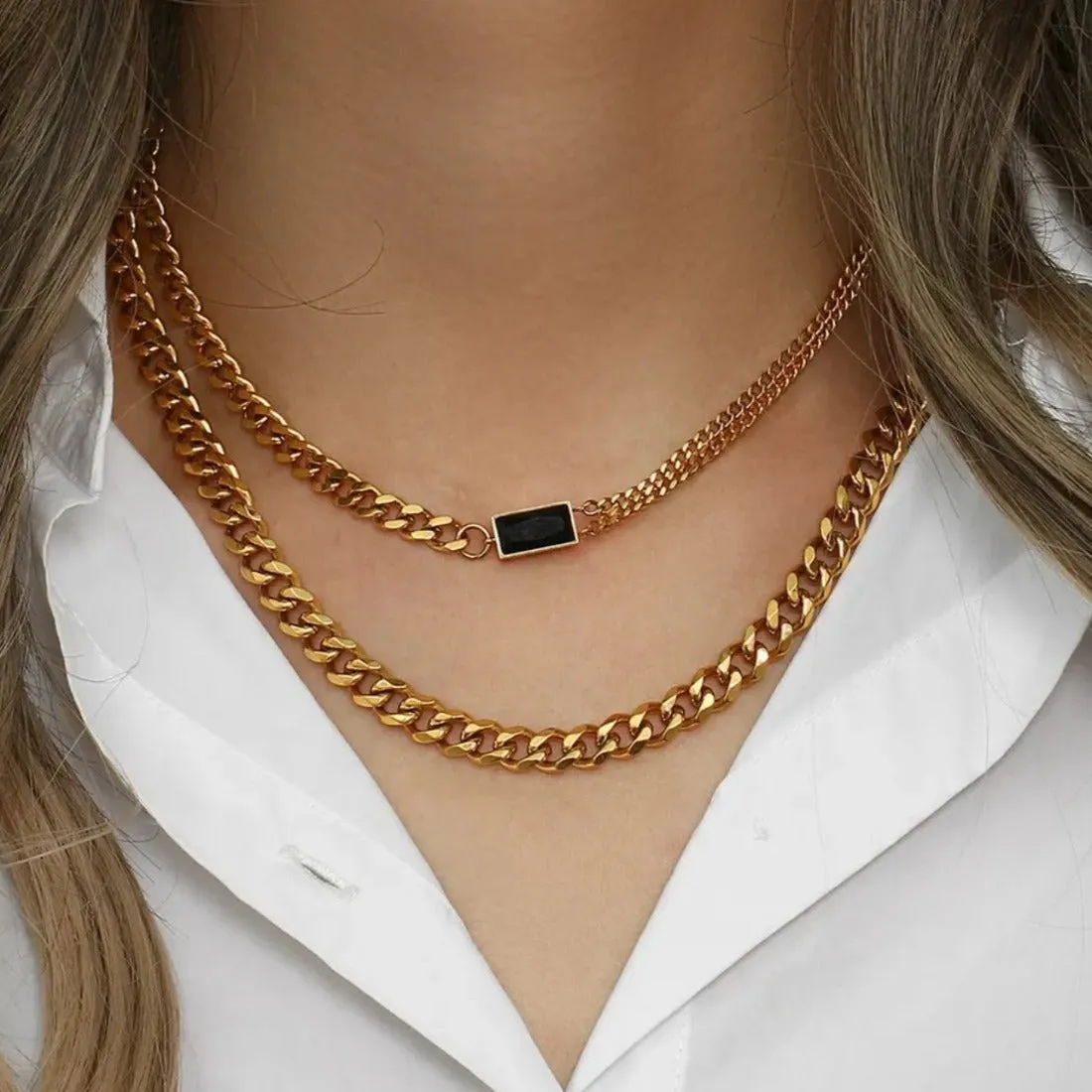 Black Stone Cuban Chain Choker Necklace