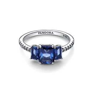 Blue Rectangular Three Stone Sparkling Ring