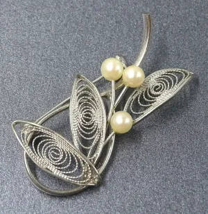 Cultured Pearl Brooch with Silver Toned Filigree Leaves