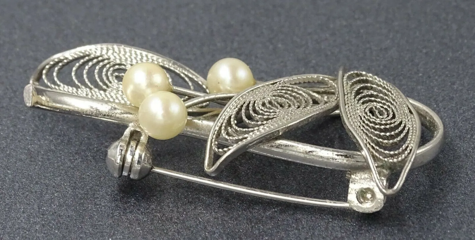 Cultured Pearl Brooch with Silver Toned Filigree Leaves