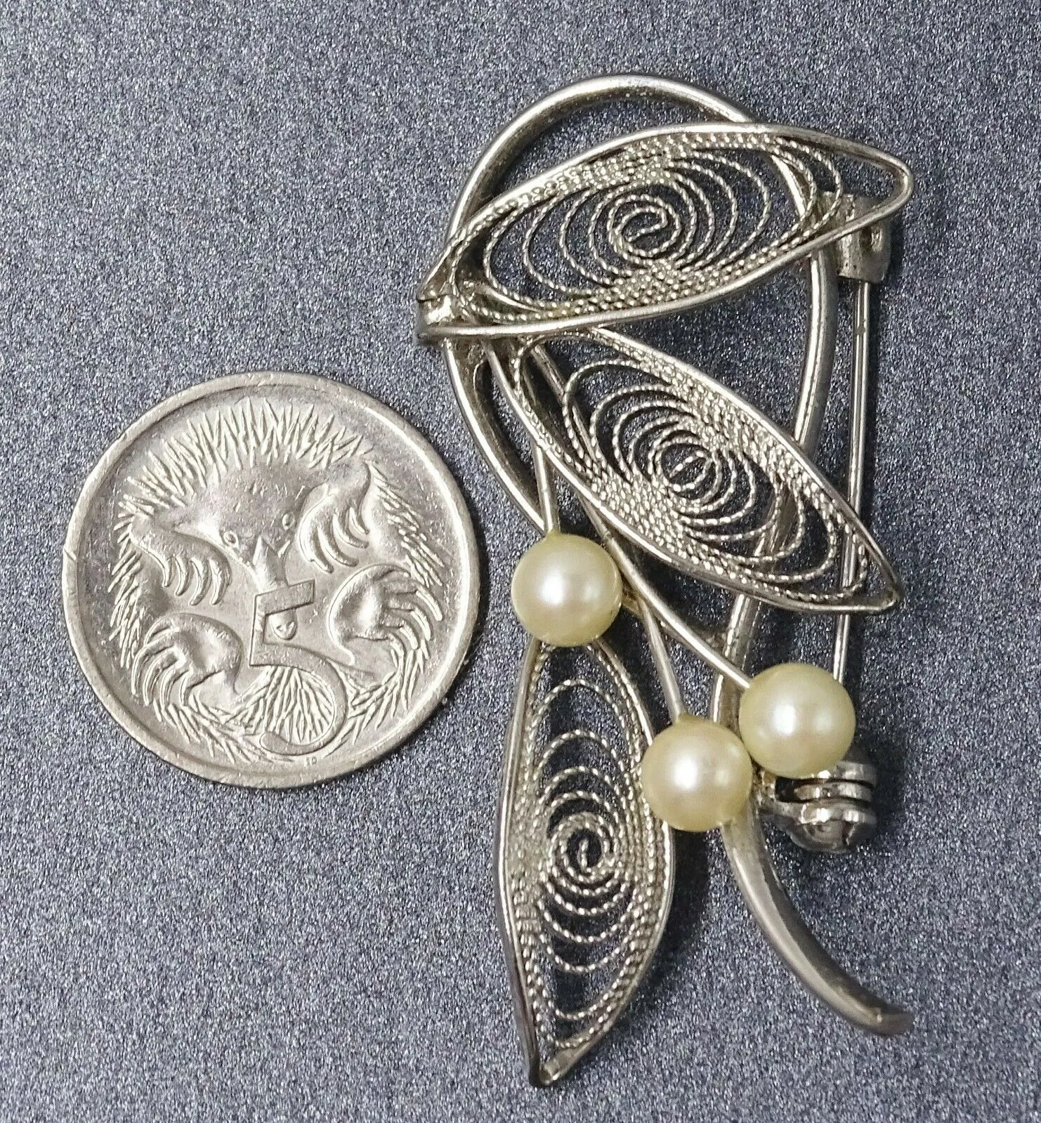 Cultured Pearl Brooch with Silver Toned Filigree Leaves