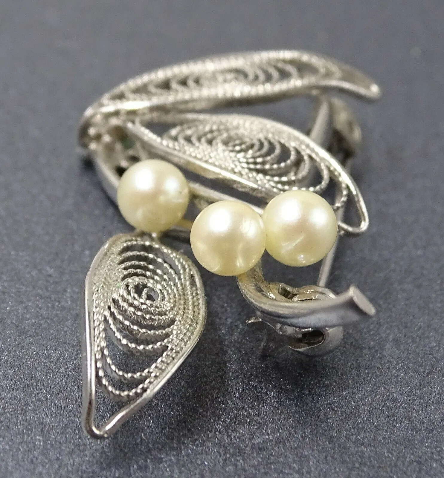 Cultured Pearl Brooch with Silver Toned Filigree Leaves