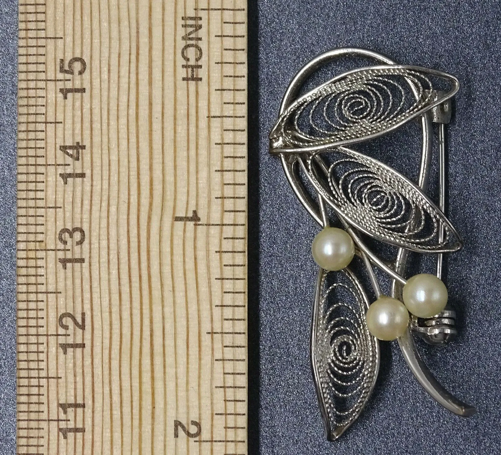 Cultured Pearl Brooch with Silver Toned Filigree Leaves