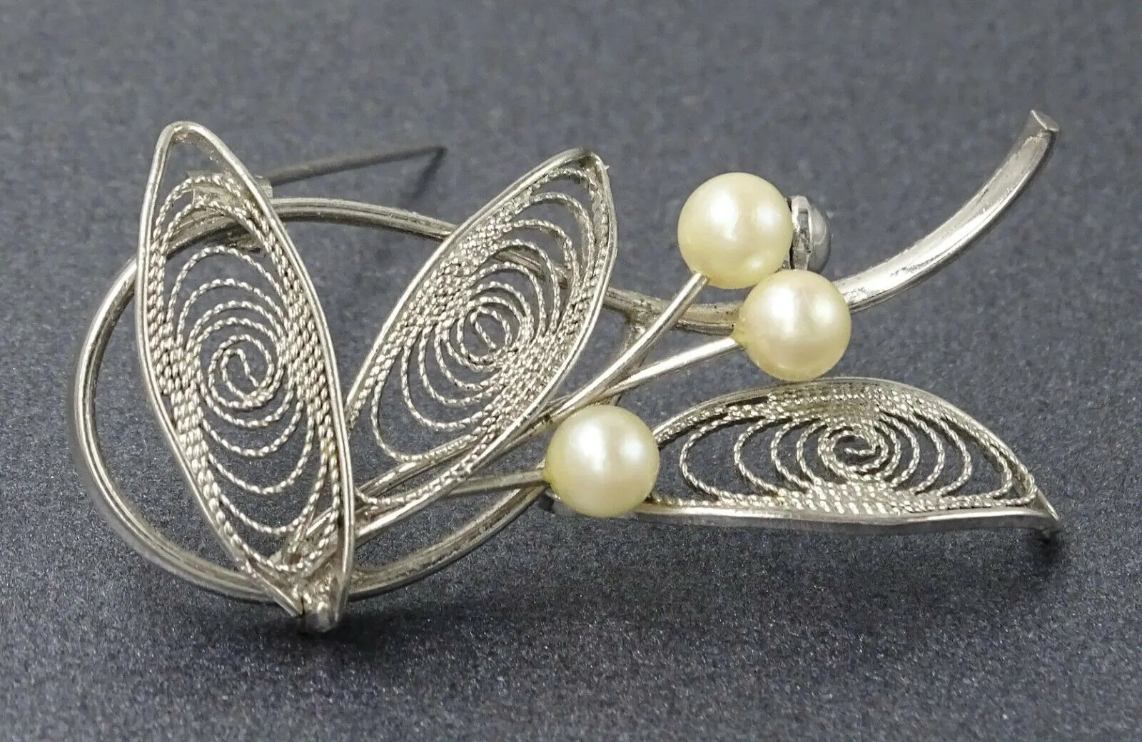 Cultured Pearl Brooch with Silver Toned Filigree Leaves