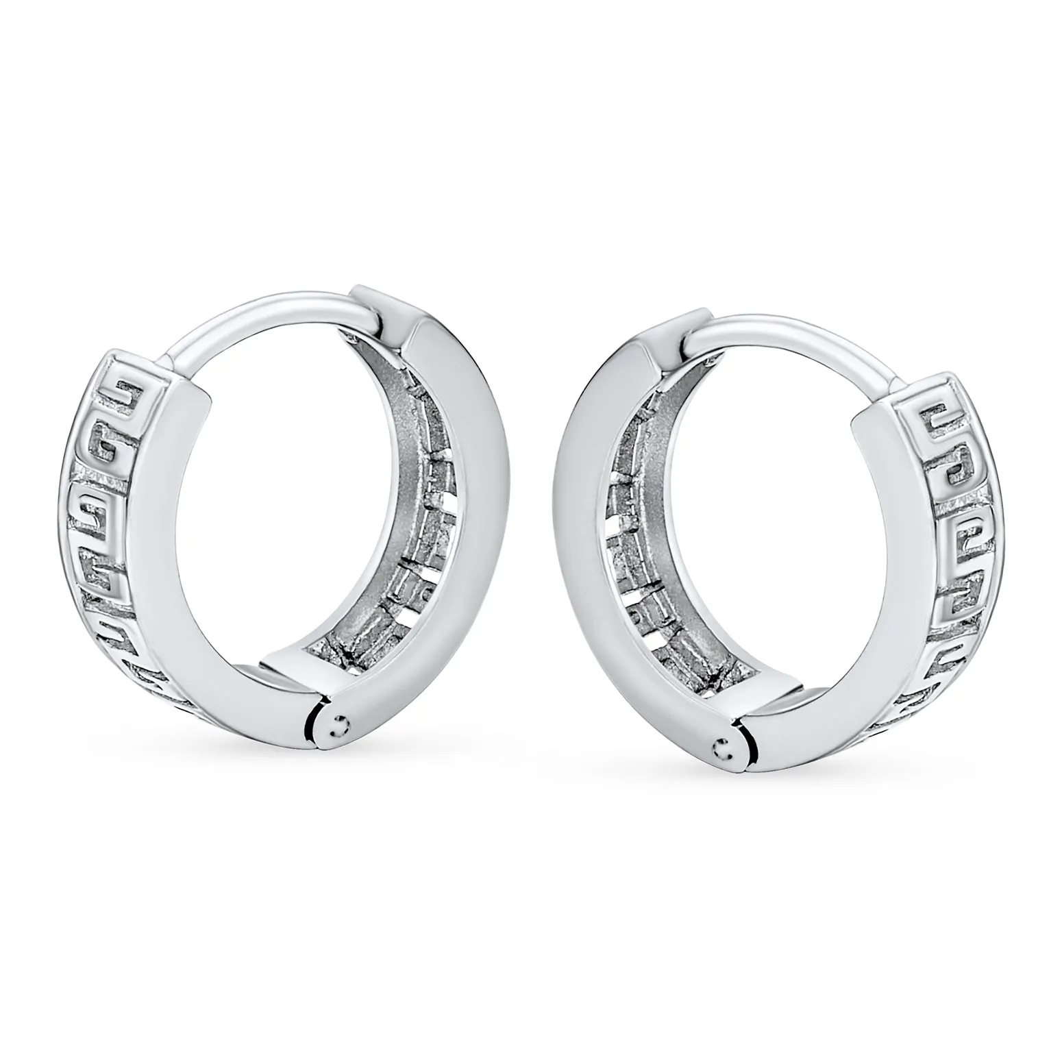 Cutout Greek Key Hoop Huggie Earrings Men Sterling Silver 0.65 Inch