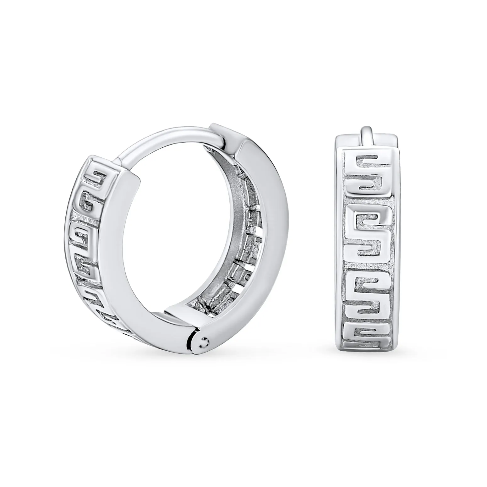 Cutout Greek Key Hoop Huggie Earrings Men Sterling Silver 0.65 Inch