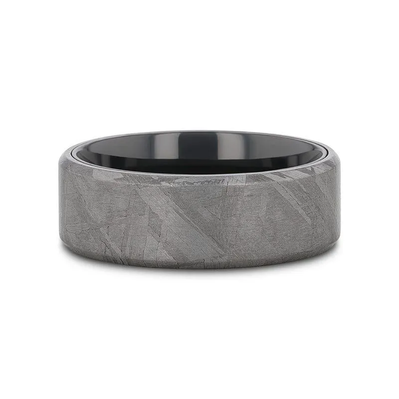 DIEMOS Flat Black Titanium Ring with Meteorite and Beveled Edges - 8mm