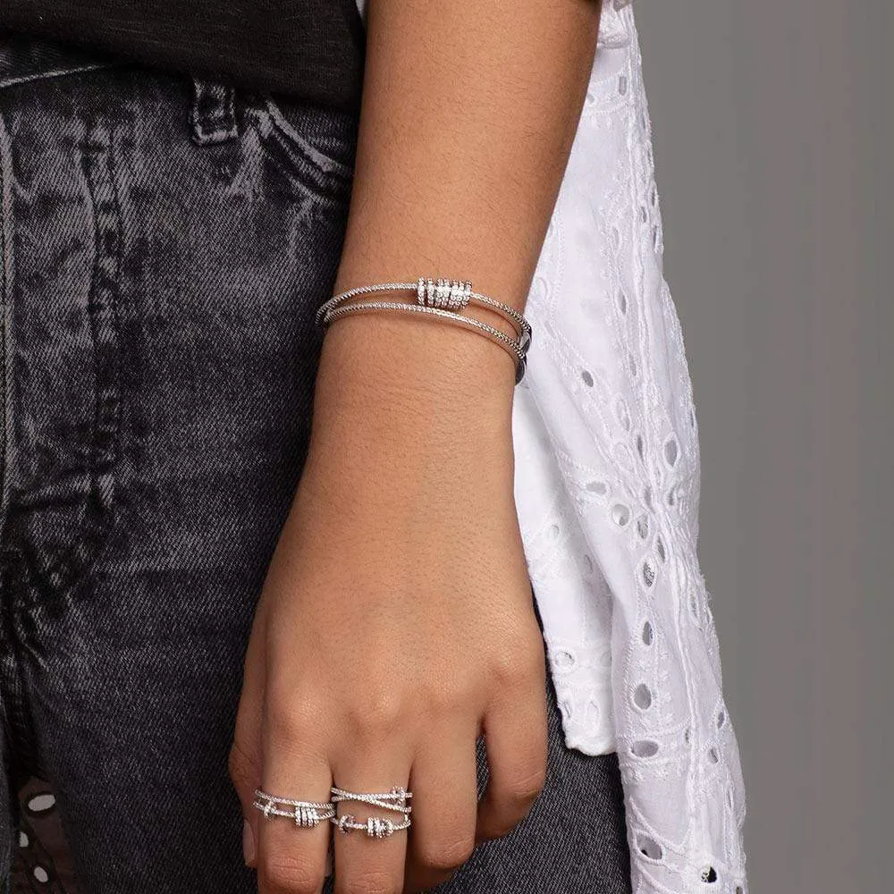 Double Open Cuff with Sliding Rings - White Silver