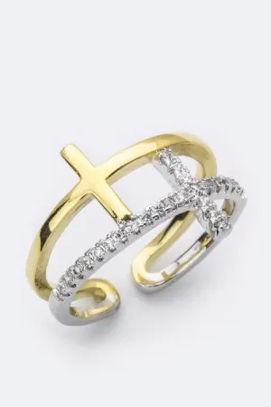 Dual-Tone CZ Crossed Bands Ring