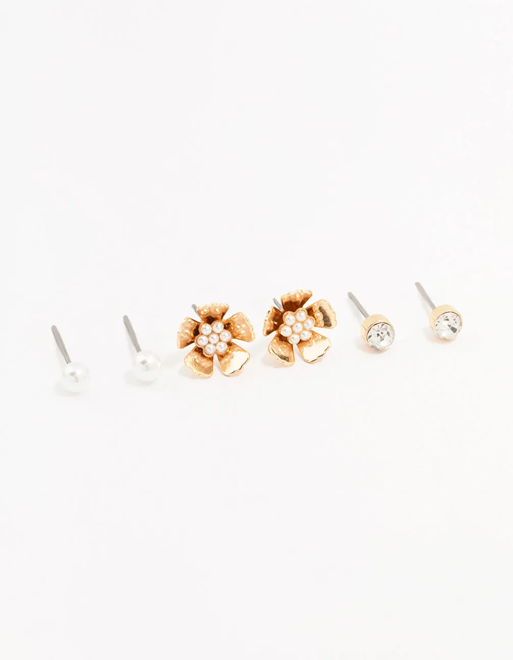 Gold Pearl Flower Stud Earrings 3-Pack