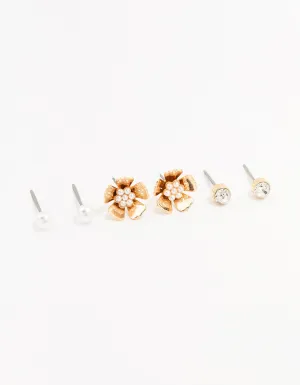 Gold Pearl Flower Stud Earrings 3-Pack