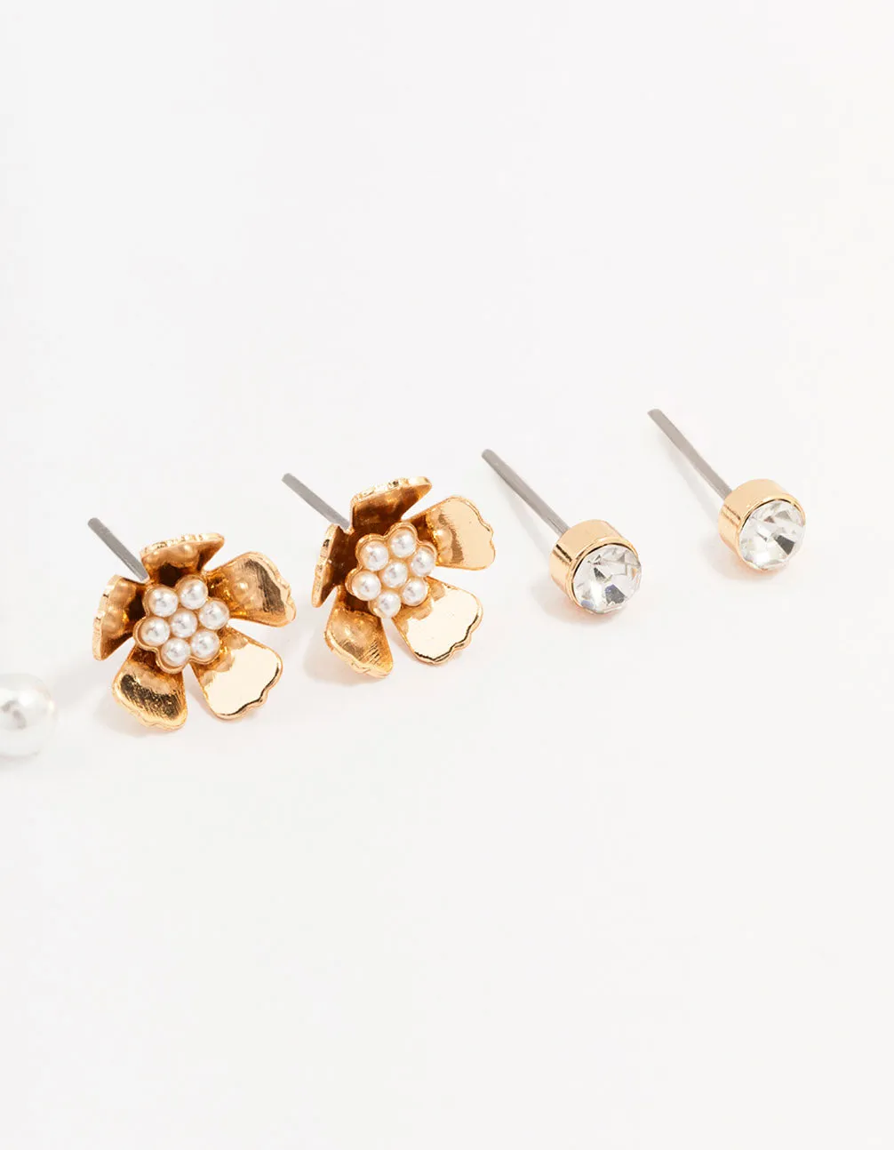 Gold Pearl Flower Stud Earrings 3-Pack