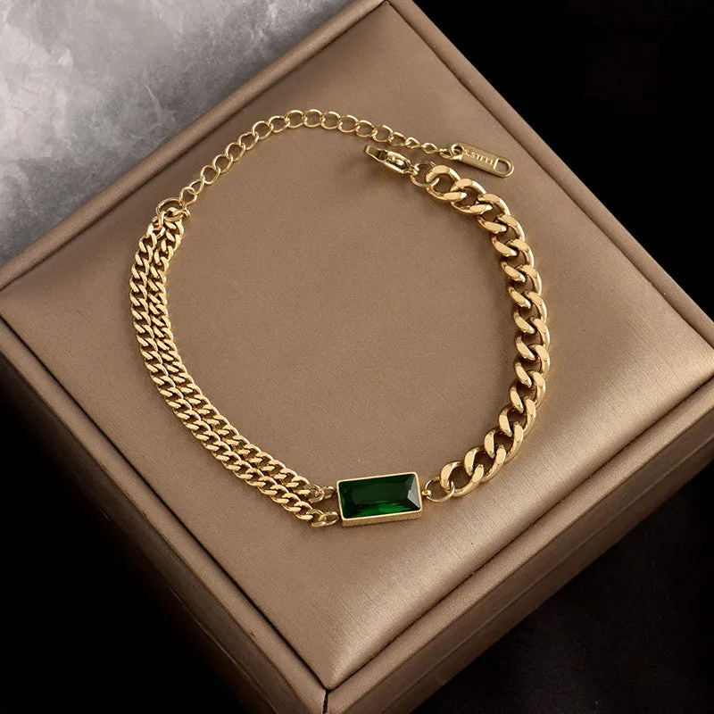 Green Emerald Stone Cuban Link Chain Bracelet