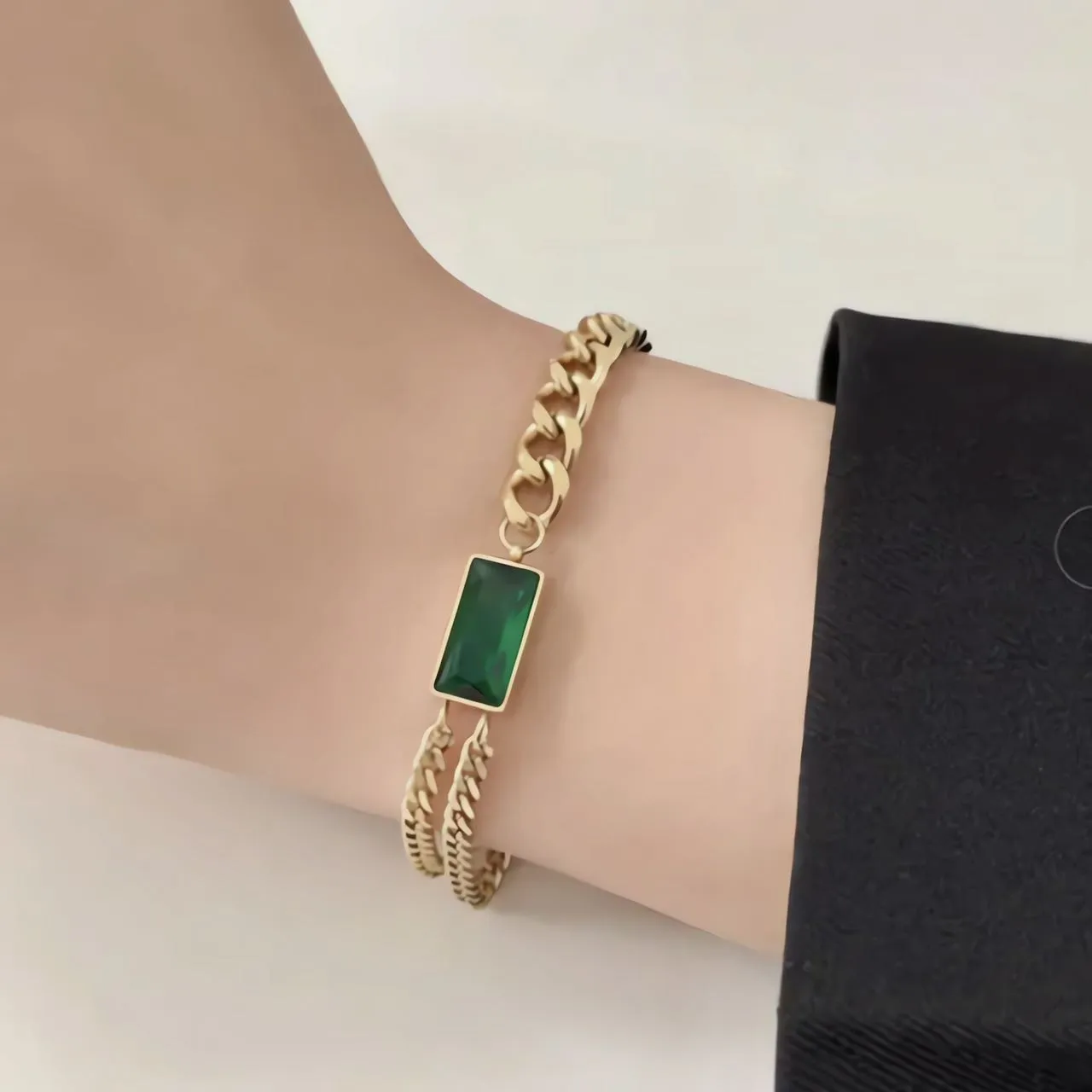 Green Emerald Stone Cuban Link Chain Bracelet