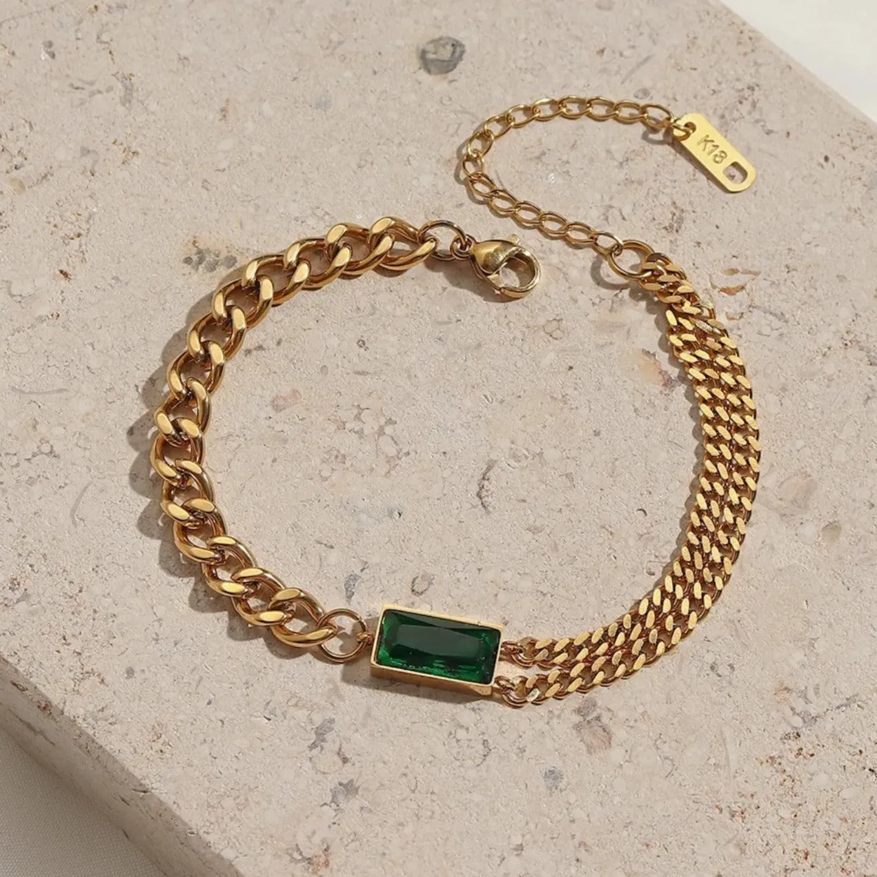 Green Emerald Stone Cuban Link Chain Bracelet