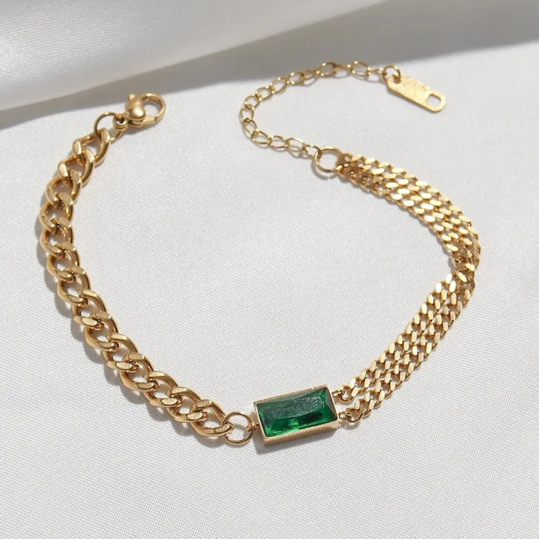 Green Emerald Stone Cuban Link Chain Bracelet