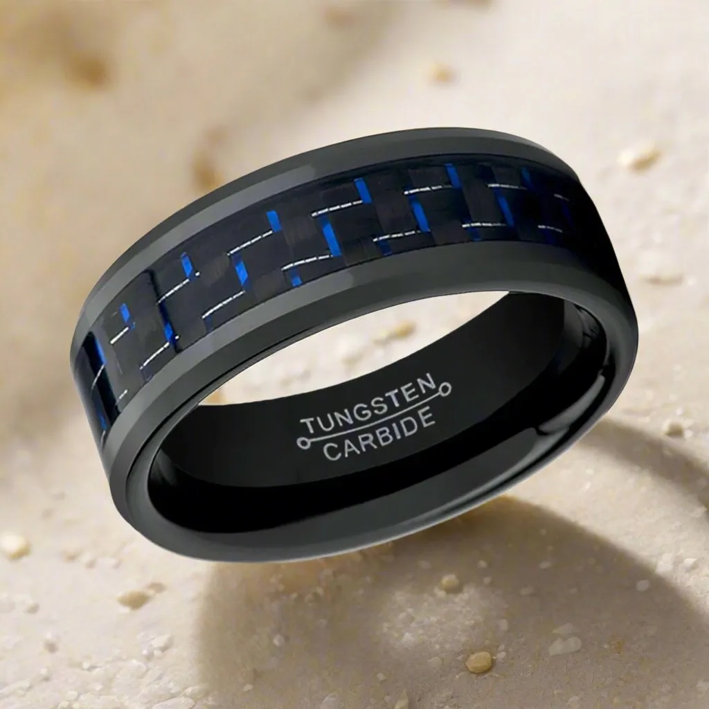 HAWTHORN | Black Tungsten Ring, Blue Carbon Fiber Inlay, Beveled