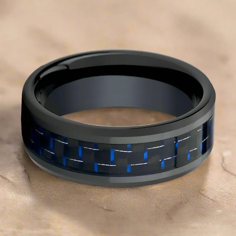 HAWTHORN | Black Tungsten Ring, Blue Carbon Fiber Inlay, Beveled