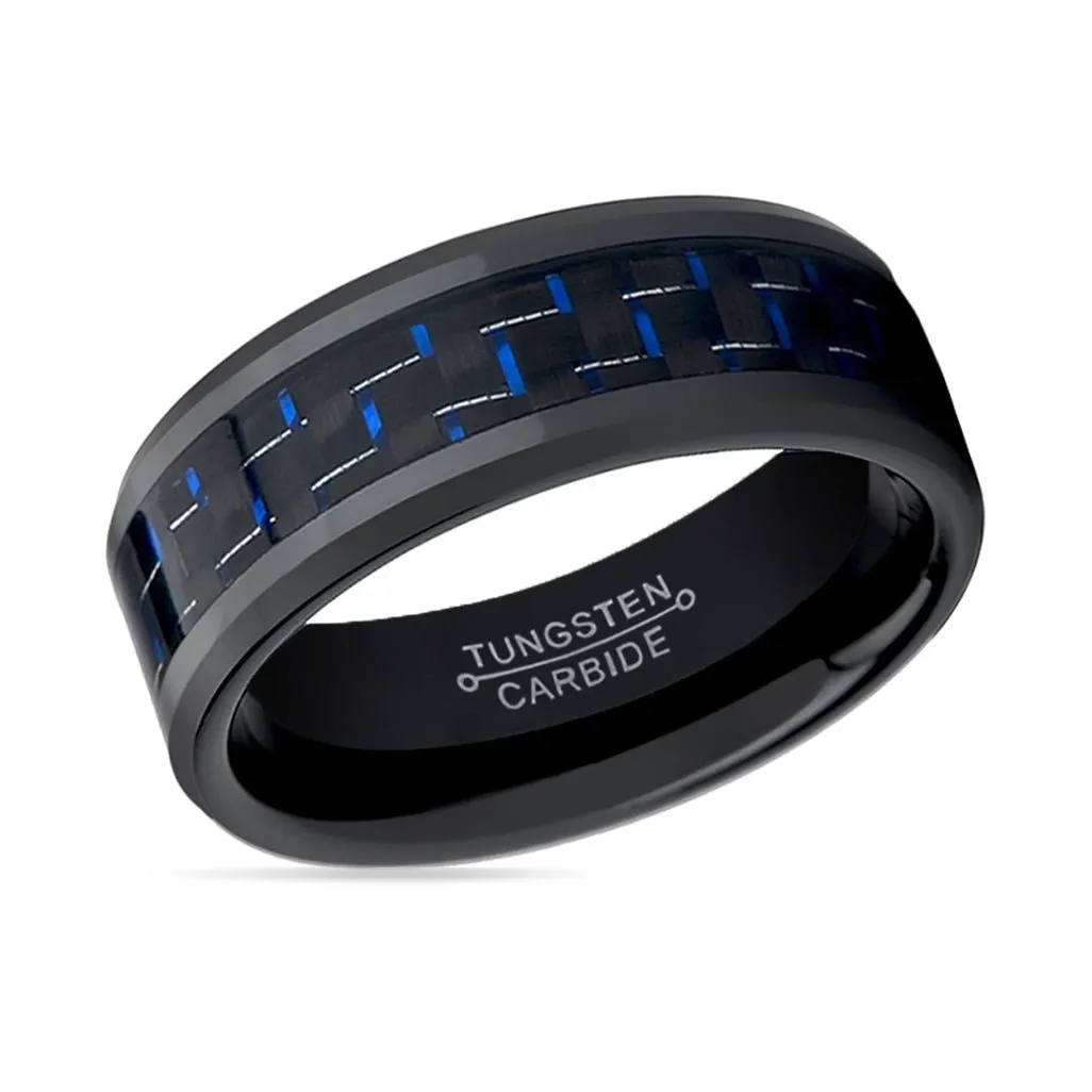 HAWTHORN | Black Tungsten Ring, Blue Carbon Fiber Inlay, Beveled