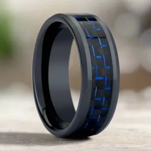 HAWTHORN | Black Tungsten Ring, Blue Carbon Fiber Inlay, Beveled