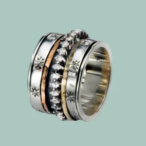 Israeli spinner rings Silver Gold and cz zircons