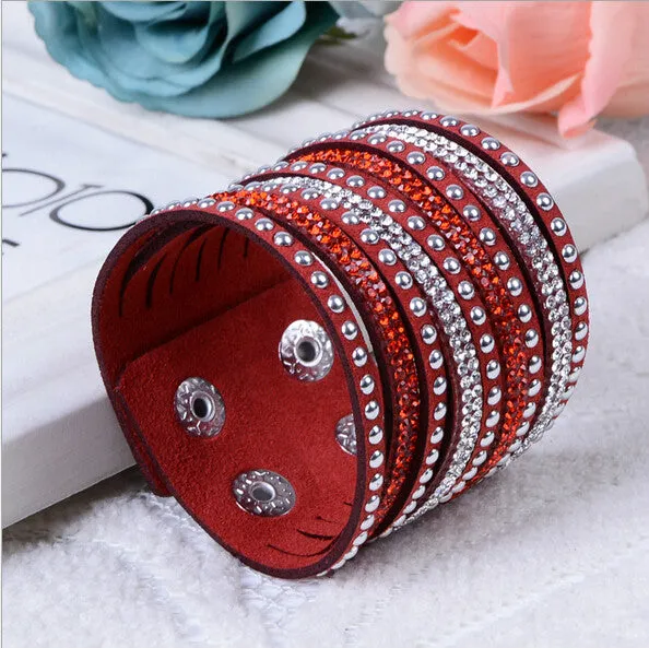 New Womens Simple Cuff Leather Girls Crystal Wrap Punk Bangle Rhinestone Bracelet Jewelry Gift Party