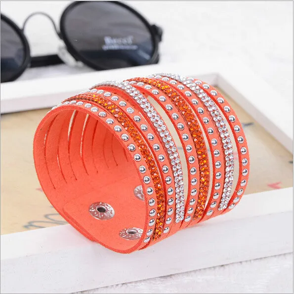 New Womens Simple Cuff Leather Girls Crystal Wrap Punk Bangle Rhinestone Bracelet Jewelry Gift Party